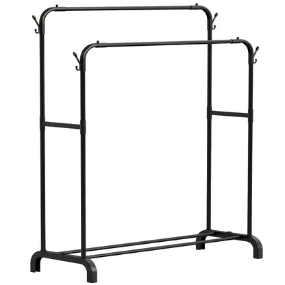 Upgraded Garment Rack with Double Metal Rods, Clothing Rack Heavy Duty Clothing Racks for Hanging Clothes, Steel-Plastic Dual-Rod Black Hanger, Freestanding Wardrobe Closet Rack, for Bedroom