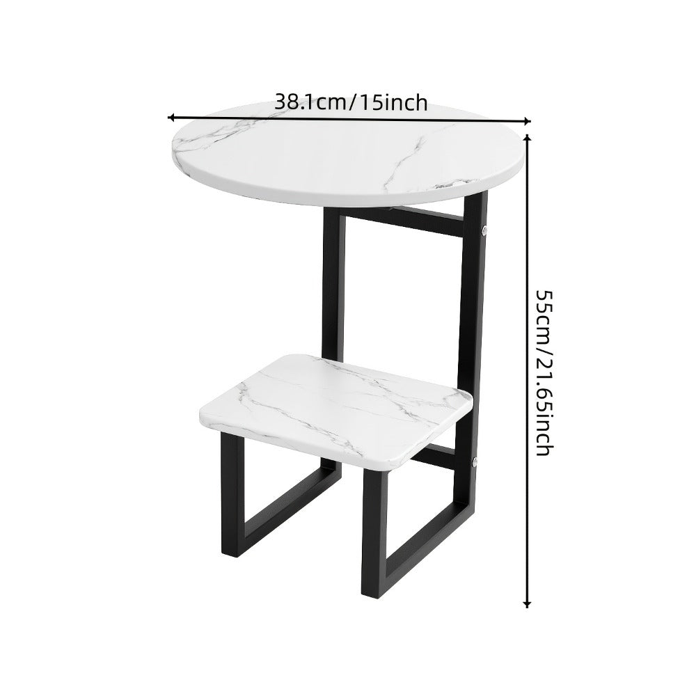 Round Outdoor Side Table with Double-Layer Storage Shelf – Marble Texture Imitation Stone Top, Sturdy Metal Frame, Weather-Resistant End Table for Balcony, Patio, Courtyard, Small Spaces (7 Colors)