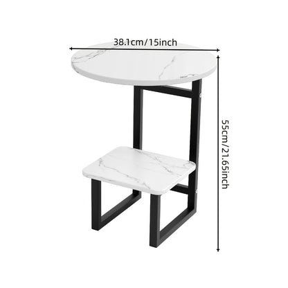 Round Outdoor Side Table with Double-Layer Storage Shelf – Marble Texture Imitation Stone Top, Sturdy Metal Frame, Weather-Resistant End Table for Balcony, Patio, Courtyard, Small Spaces (7 Colors)
