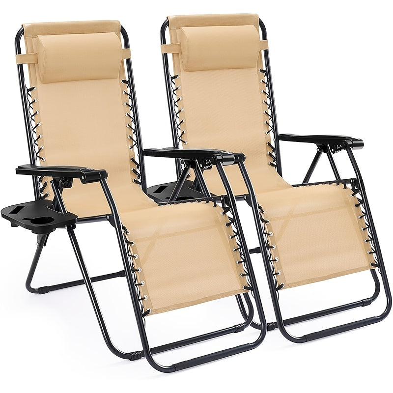 2pcs Zero Gravity Chairs, Outdoor Folding Recliner Lounge Chair, Breathable Fabric Adjustable Reclining Patio Chair With Cup Holder Trays & Headrest Pillow For Beach Camping Poolside Backyard Garden Lawn