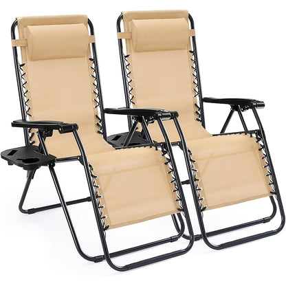 2pcs Zero Gravity Chairs, Outdoor Folding Recliner Lounge Chair, Breathable Fabric Adjustable Reclining Patio Chair With Cup Holder Trays & Headrest Pillow For Beach Camping Poolside Backyard Garden Lawn