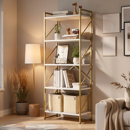 JY QAQA 5 Tiers Bookshelf, Classically Tall Bookcase Shelf, Industrial Book Rack, Modern Book Holder In Bedroom/ Living Room/ Home/ Office, White & Golden