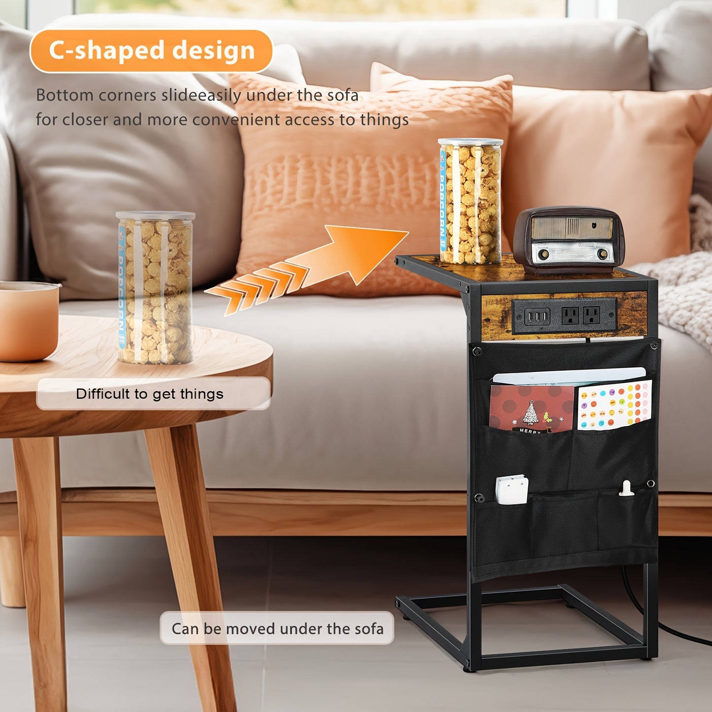1pc/2pcs C Shaped End Table, 50LBS Capacity, Desktop Storage, Removable Table, Coffee Table Slides Under Sofa, Snack Table, Ideal for Home, Living Room, Sofa, Bedroom, Multifunctional Table, with or Without Charging Station & Storage Bag Options