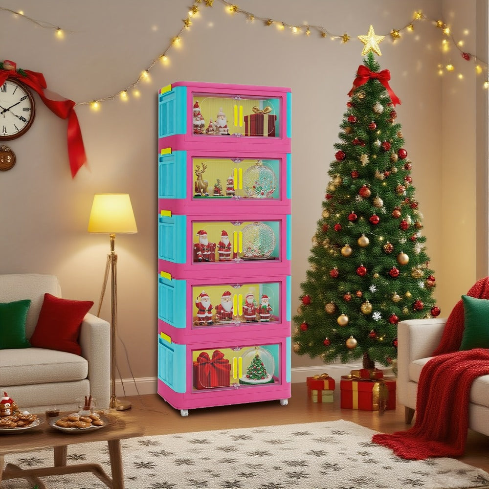 Foldable Rolling Storage Organizer 4 & 5 Tier with 360° Wheels & Magnetic Closure – Waterproof PP Stackable Shelf for Living Room, Bedroom, Kitchen & Office