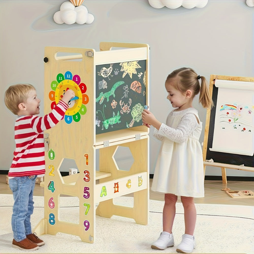 4-in-1 Toddler Learning Tower Foldable Wood Step Stool with Learning Clock & Blackboard, Kids Kitchen Helper Climbing Ladder for Motor Skills Development, Montessori Toddler Furniture, Khaki