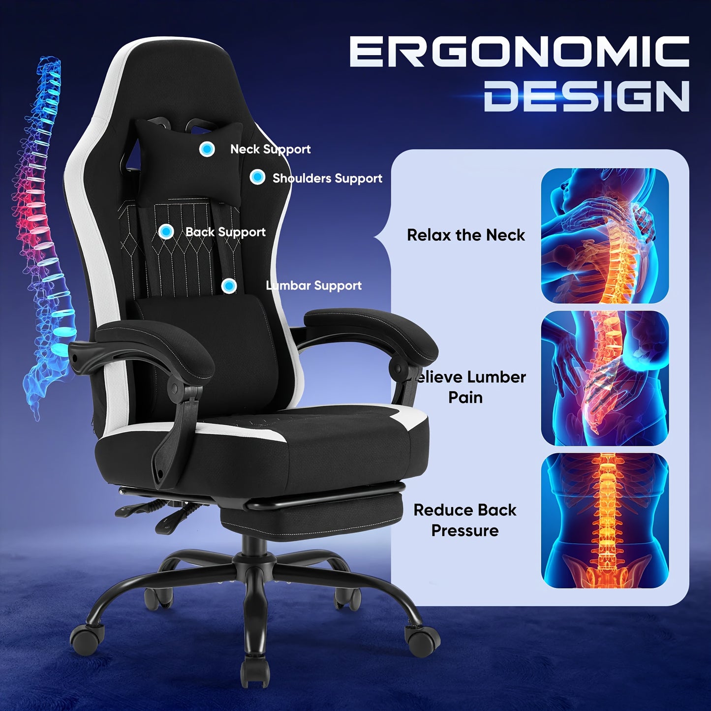 Computer Game Chair - Ergonomic Office Chair with Foot and Lumbar Support, Height Adjustable Work Chair, Headrests, Armrests, and Rollers