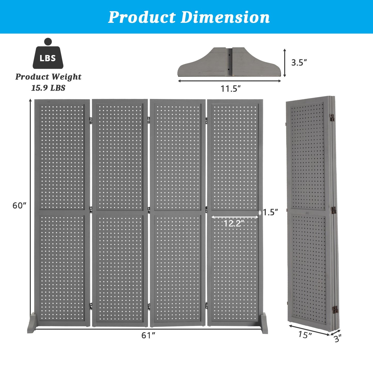 VINGLI Freestanding Pegboard with Support Feet, 5 FT Wood Room Divider Display Board Organizer, Folding Privacy Screen Partition Space Separator for Craft Shows Events Retail