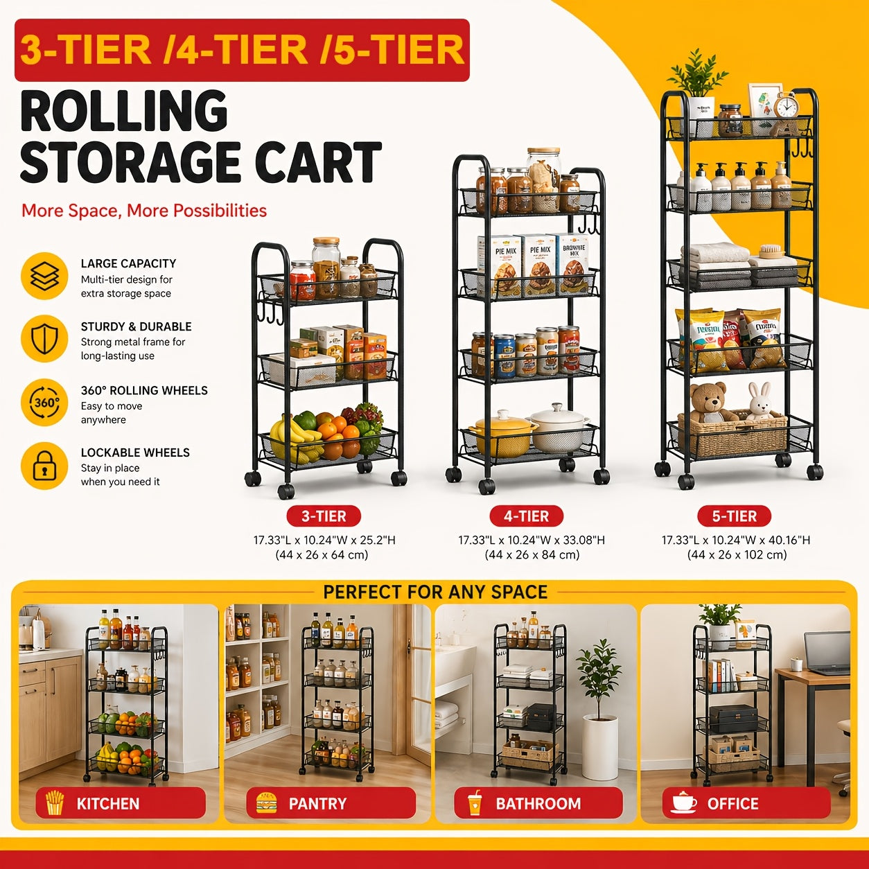 Mobile Metal Storage Shelf - 3/4/5-Tier Metal Kitchen Trolley With Hooks, Rolling Cart With 360° Swivel Wheels, Mesh Basket Layered Organizer For Narrow Gap, Kitchen, Bathroom, Office, Study, Garage, Ideal Storage Cart
