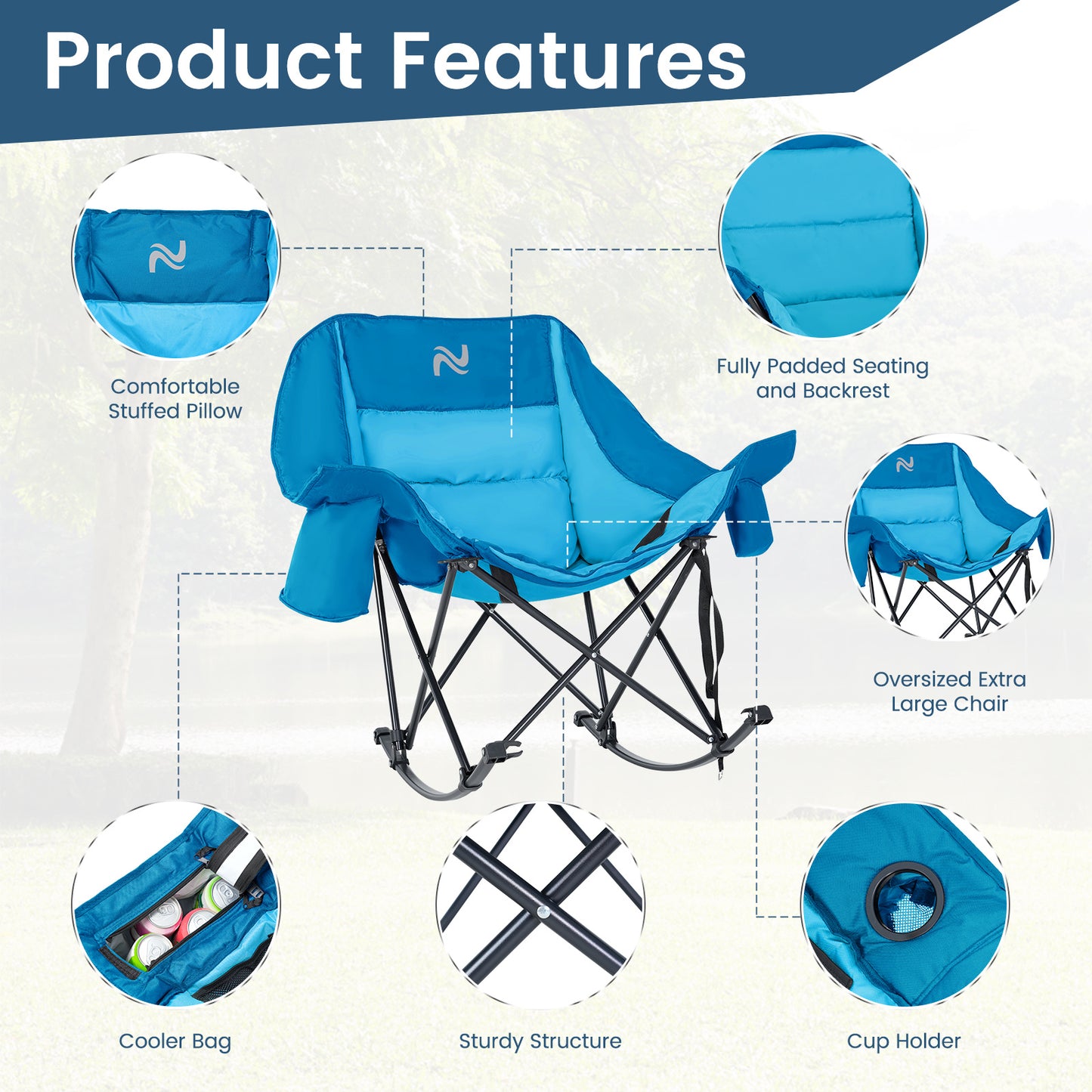 Oversized Rocking Camping Chair, Fully Padded Patio Chair with Cooler Bag and Side Pocket, High Back Portable Lawn Recliner Rocker Chairs for Camp, Patio, Supports 400 lbs
