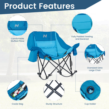 Oversized Rocking Camping Chair, Fully Padded Patio Chair with Cooler Bag and Side Pocket, High Back Portable Lawn Recliner Rocker Chairs for Camp, Patio, Supports 400 lbs