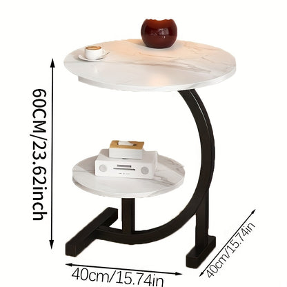 Modern Luxury Wrought Iron and Wood Hybrid Side Table with White Marble-patterned Top - Space-saving Sofa/bedside Coffee Table with Storage Shelf, Black Metal Frame and MDF Base, Compact Portable Design, Easy Assembly Suitable for Small Spaces