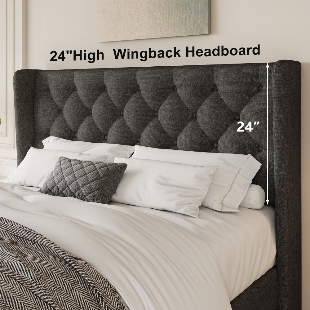 Modern Platform Bed Frame with 24-Inch Button-Tufted Headboard – Solid Wood Slats, Artistic Legs, Linen & Velvet, Dark Gray Light Grey Beige White Black, Full Queen King
