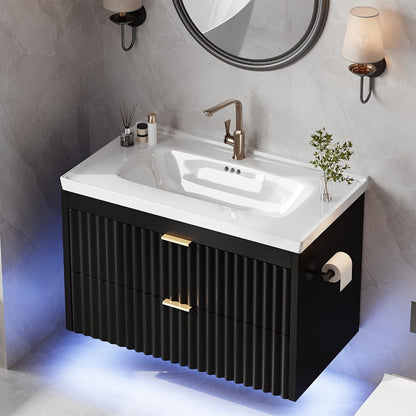 24 Inch Floating Bathroom Vanity with Sink & LED, Wall Mounted Cabinet with 3-Hole Ceramic Sink Wave Line Design 2 Soft-Close Drawers for Small Bathrooms Black White