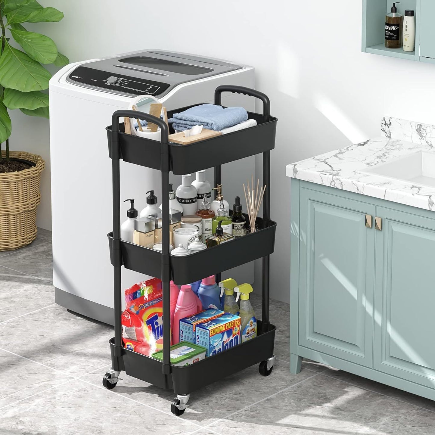 3-Tier Plastic Rolling Utility Cart with Handle, Multi-Functional Storage Trolley for Office, Living Room, Kitchen, Movable Storage Organizer with Wheels