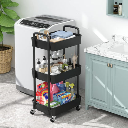 3-Tier Plastic Rolling Utility Cart with Handle, Multi-Functional Storage Trolley for Office, Living Room, Kitchen, Movable Storage Organizer with Wheels