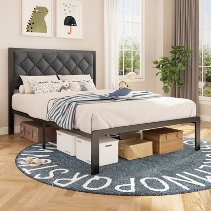 Upholstered Platform Bed Frame with Button Tufted Headboard Noise-Free Steel Slats 12.6 Inch Under-Bed Storage No Box Spring Needed Twin Queen Grey