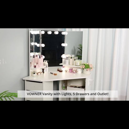 42" Tri-Mirror Corner Makeup Vanity Desk with Outlet, Lights, 5 Sliding Drawers Or Rotating Drawers, Come with Stool
