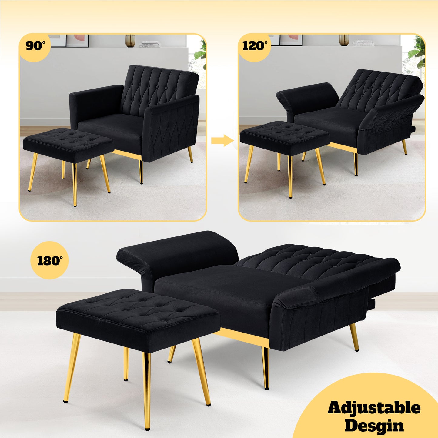 ACMEASE 31.5" Velvet Upholstered Single Chair with Adjustable Armrest And Back, Comfy Armchair with Movable Ottoman, Tufted Accent Chair with Soft Pillow for Living Room