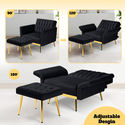 ACMEASE 31.5" Velvet Upholstered Single Chair with Adjustable Armrest And Back, Comfy Armchair with Movable Ottoman, Tufted Accent Chair with Soft Pillow for Living Room