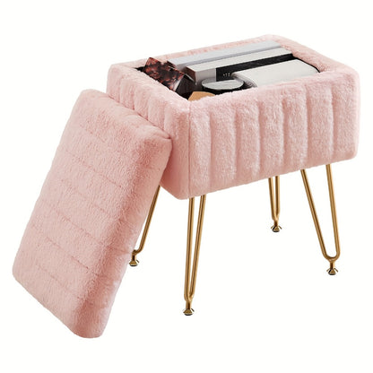 Vanity Stool with Storage Hidden Compartment Gold Metal Legs Upholstered Makeup Chair Shoe Bench Bedroom Accent 5 Colors Pink White Black Purple PU Leather
