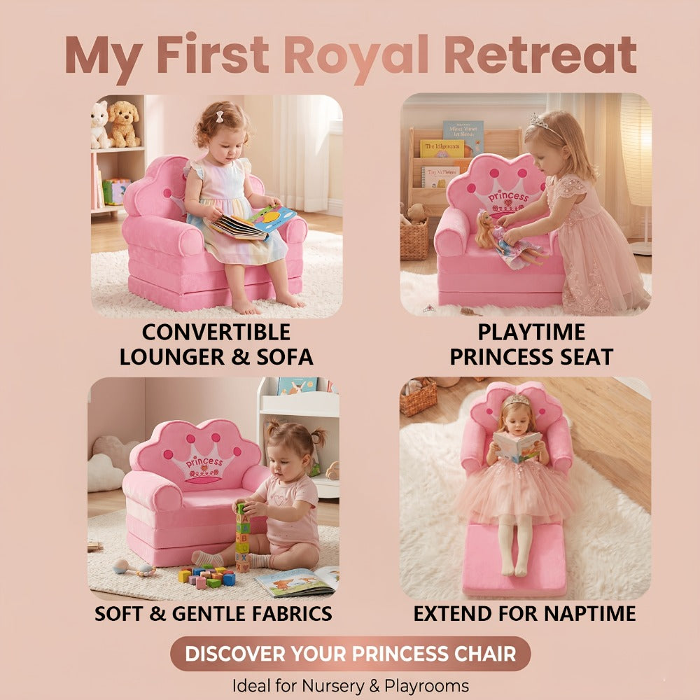 Kids Sofa Princess Crown Pink - 2-in-1 Flip Open Kids Couch & Lounger | Machine Washable Plush Cover & Certified Safe Foam | Dreamy Reading Nook Chair For Girls