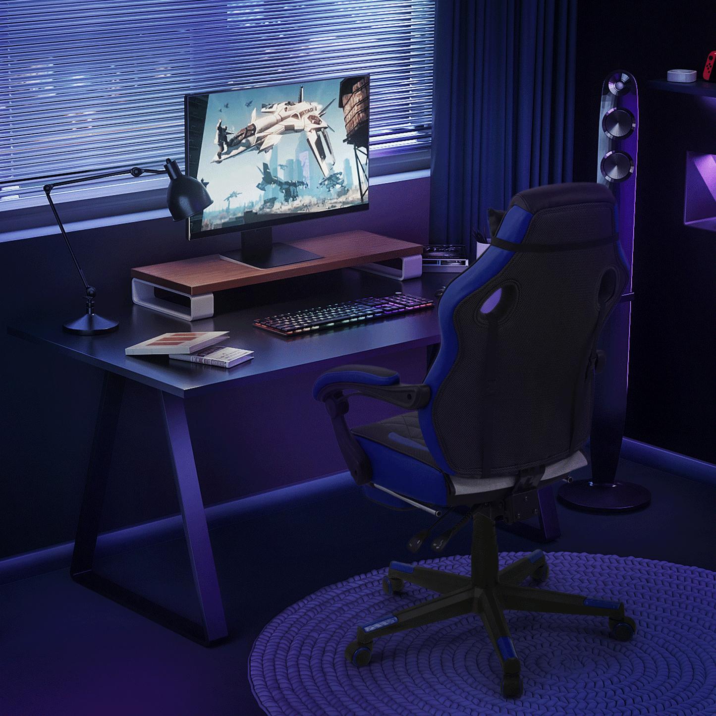 Ergonomic Gaming Chair with Retractable Footrest & Detachable Lumbar Support 360 Degree Swivel Racing Style PU Leather Computer Gaming Chair with Headrest for Home Bedroom Office