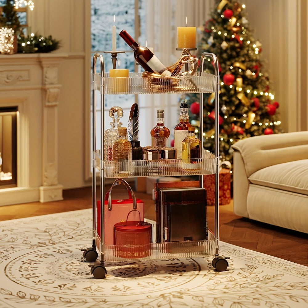 3-Tier Acrylic Rolling Storage Cart with 3 Hanging Boxes - Rolling Bathroom Cart for Cosmetics, Skincare & Snacks, 360° Wheels, Slim Utility Cart Under 27" Height