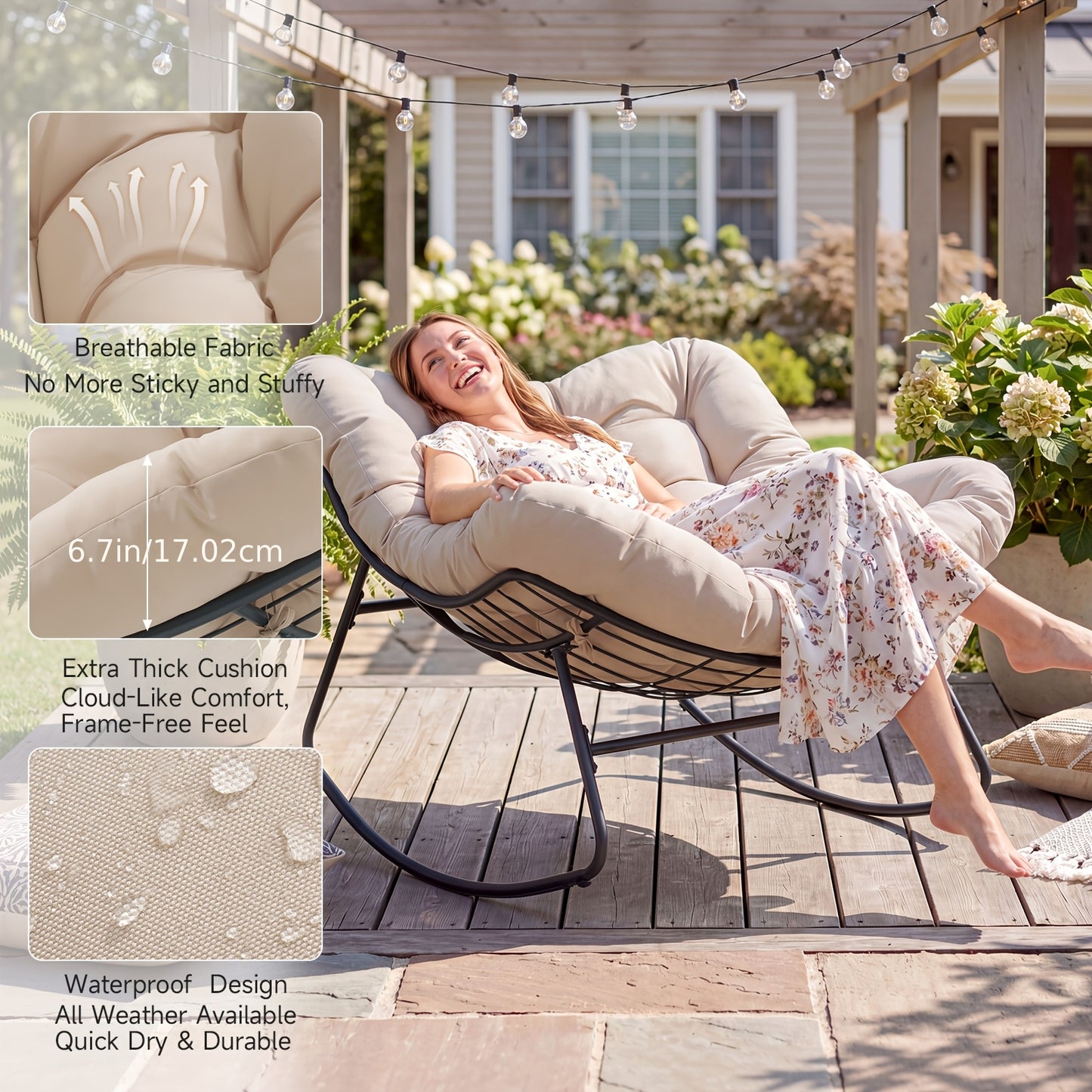 Outdoor Papasan Rocking Chair, 450 Lbs Oversized Comfy Patio Chair with Thickened Cushion, Egg Rocking Chairs, Rocker Chairs for Patio Porch Garden