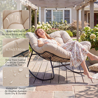 Outdoor Papasan Rocking Chair, 450 Lbs Oversized Comfy Patio Chair with Thickened Cushion, Egg Rocking Chairs, Rocker Chairs for Patio Porch Garden