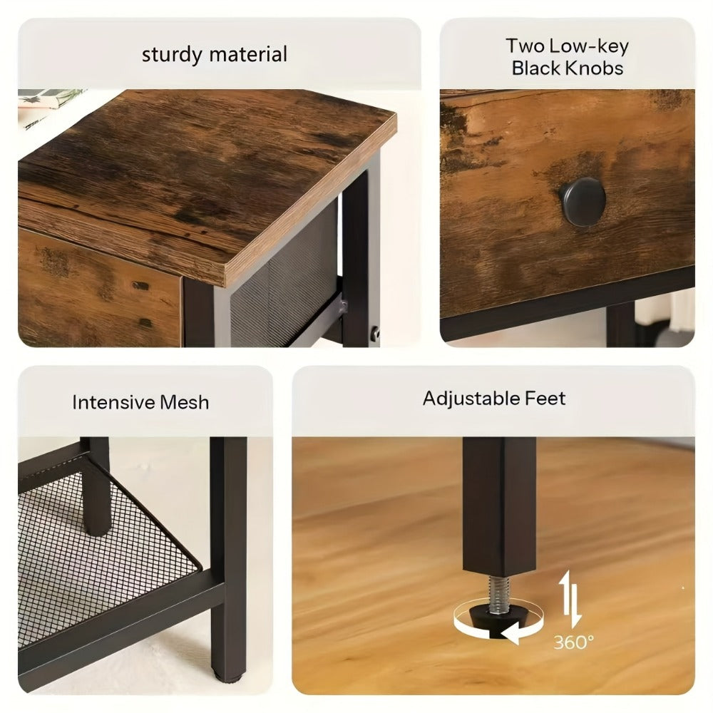 Narrow Console Table 29.5 Inch with 2 Fabric Drawers & 3-Tier Storage Shelves, Rustic Brown & Black Entryway Sofa Table for Living Room Hallway