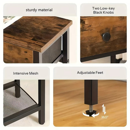 Narrow Console Table 29.5 Inch with 2 Fabric Drawers & 3-Tier Storage Shelves, Rustic Brown & Black Entryway Sofa Table for Living Room Hallway