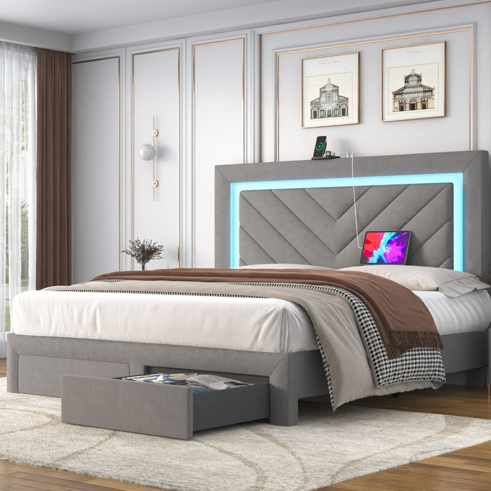 Upholstered Platform Bed Frame with LED Adjustable Headboard, Storage Drawers and Charging Station, No Box Spring Needed, Noise Free, Twin Full Queen, Off White Grey