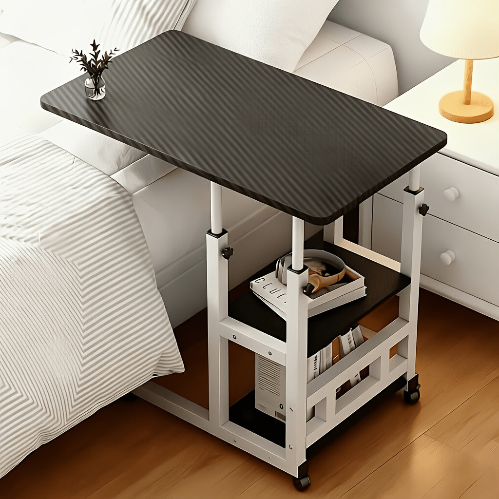 Over-bed Table with 2-layer Storage Rack- Mobile Bedside Table for Sofa, Bed and Bedroom, Versatile Nightstand, Suitable for Snacks, Laptop and Organizing Essentials(solid Metal Frame, Smooth Wheels, Space-saving Design)