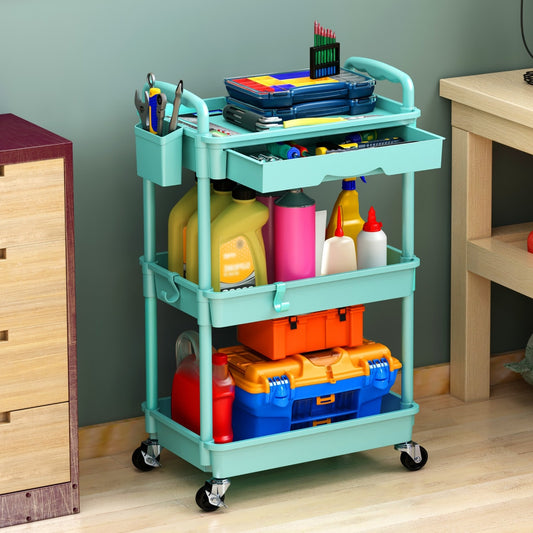 3/ 4 Tier Rolling Utility Cart with Drawer - Multifunctional Storage Organizer with Lockable Wheels&Plastic Shelves for Kitchen, Bathroom, Office, Living Room-Ideal for Industrial & Scientific Material Handling Solutions