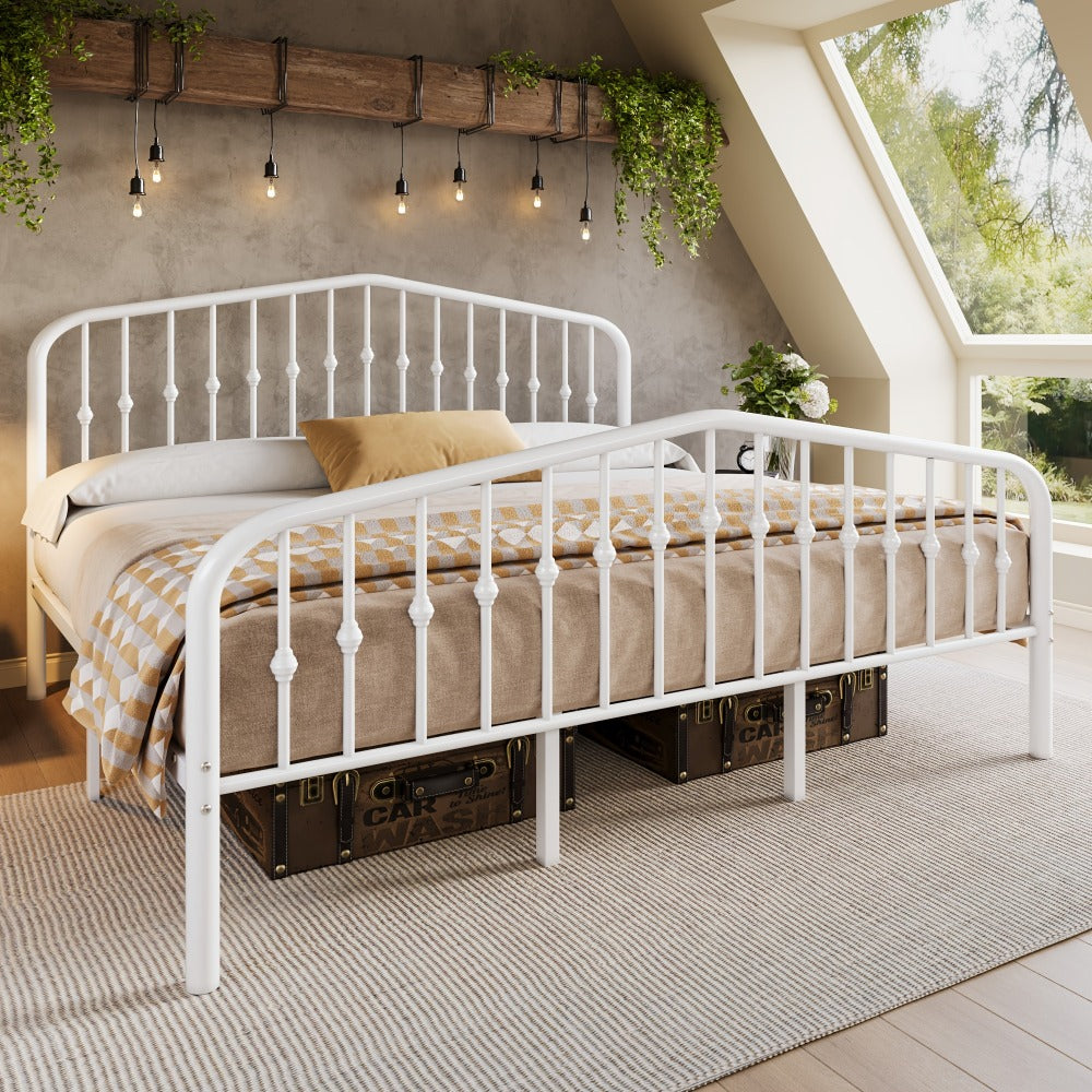 Queen Size Victorian Platform Bed Frame with Wrought Iron Headboard & Footboard – 14" Tall, No Box Spring Needed, Heavy-Duty Steel Slat Support, Elegant Antique Style Bedroom Furniture