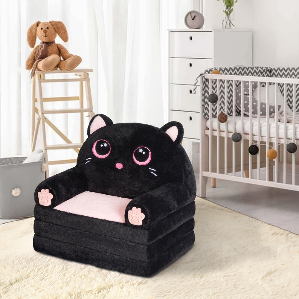 Kids Sofa 2-In-1 Foldable Velvet Memory Foam Chair Black Pink Cat Lounger for Reading Relaxing Playroom Furniture Girls Room Decor Cat Theme Bedroom