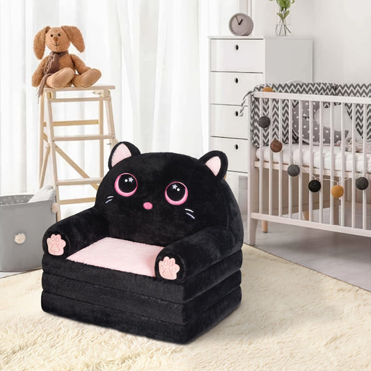 Kids Sofa 2-In-1 Foldable Velvet Memory Foam Chair Black Pink Cat Lounger for Reading Relaxing Playroom Furniture Girls Room Decor Cat Theme Bedroom
