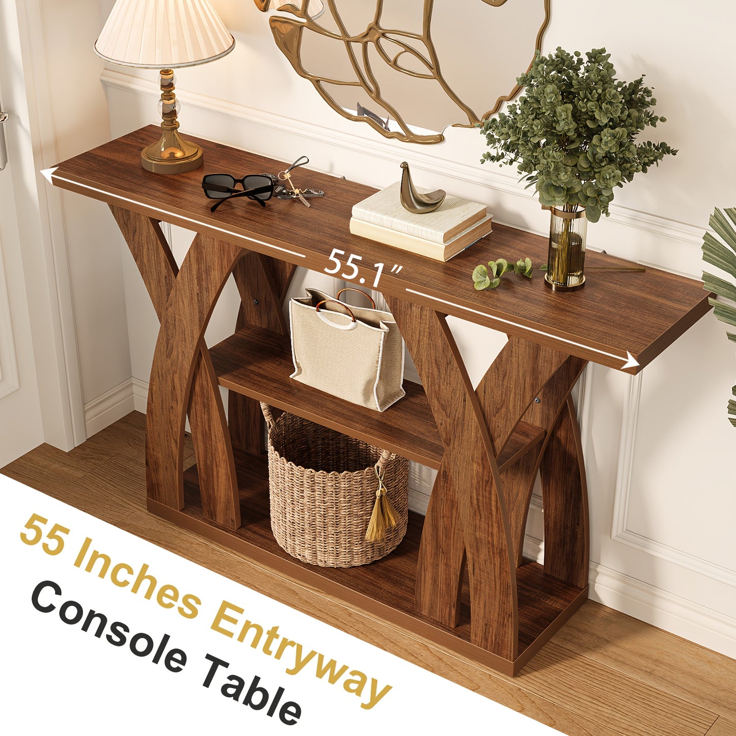 55 "Wooden Rustic Console Table, X-Shaped Leg Design, 2-Tier Shelf. Multifunctional Storage. Suitable for Use Behind The Sofa in The Living Room, in The Corridor, in The Entrance Hall, Or at The Entrance. Light Brown And Tiger Brown