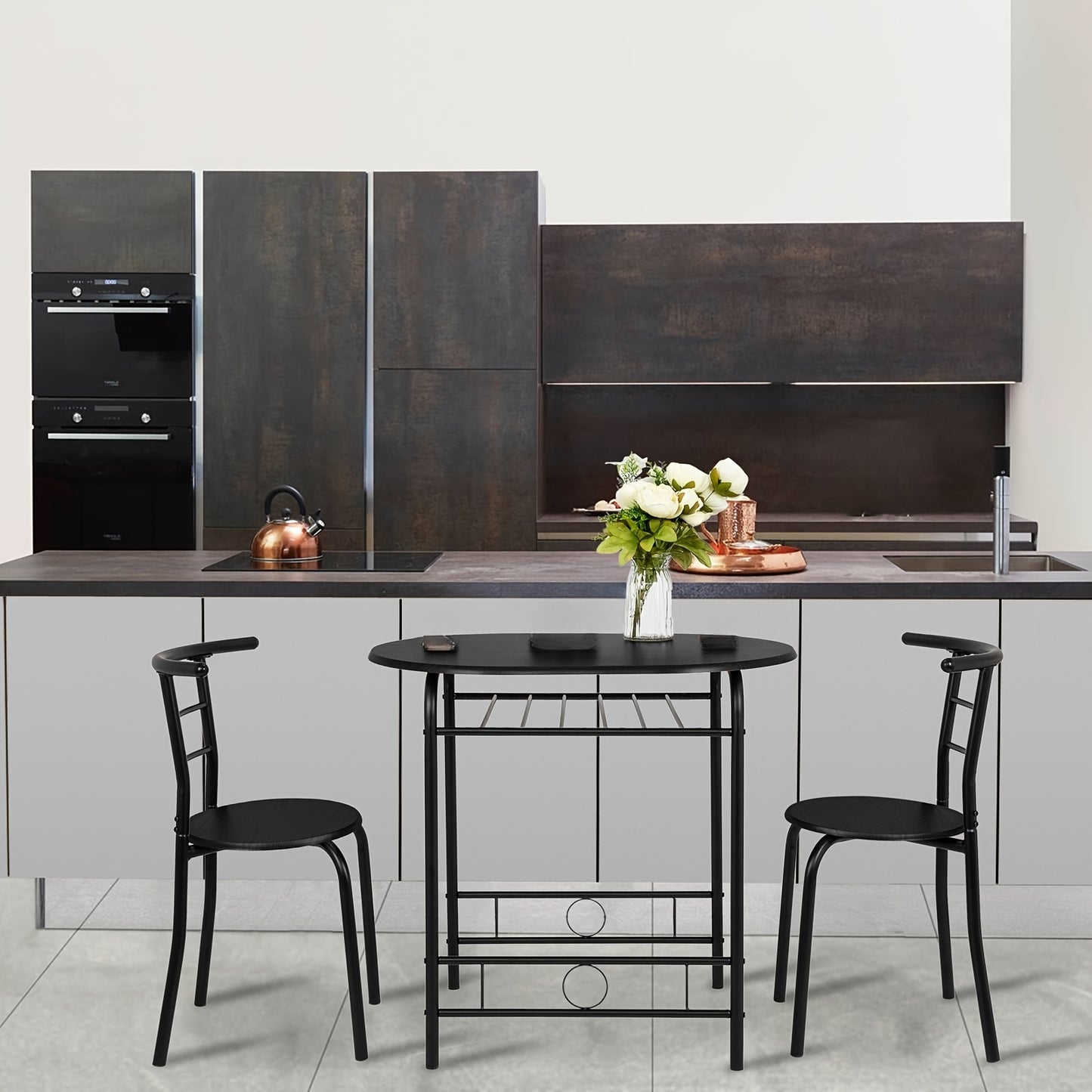 Bonnlo 3pcs Dining Set, Small Kitchen Table Set for 2, Breakfast Table Set, Kitchen Wooden Table and 2 Chairs for Small Space/ Dining Room/ Apartment/ Living Room/ Home Decor, Metal Frame Wine Rack