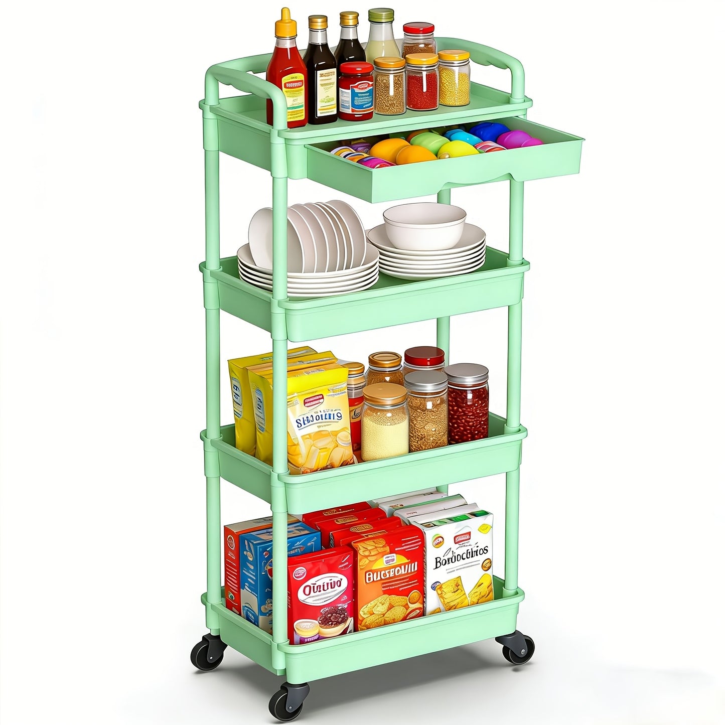 [Wedding Decorations Gift] Multi-Functional 3/4 Tier Rolling Storage Cart With Drawers - Durable Plastic Organizer With Lockable Wheels, Cup Holder & Hooks-Space-Saving Solution For Kitchen, Bathroom, Living Room - Ideal For Kitchen Accessories, Wedding D