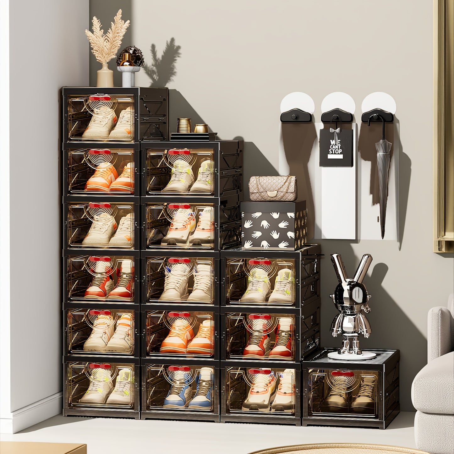 5/6-Tier Black Shoe Storage Cabinet for Household Shoe Organization, Foldable & Modular Design, Flip-Top Lid with Clear See-Through Window for Easy Access