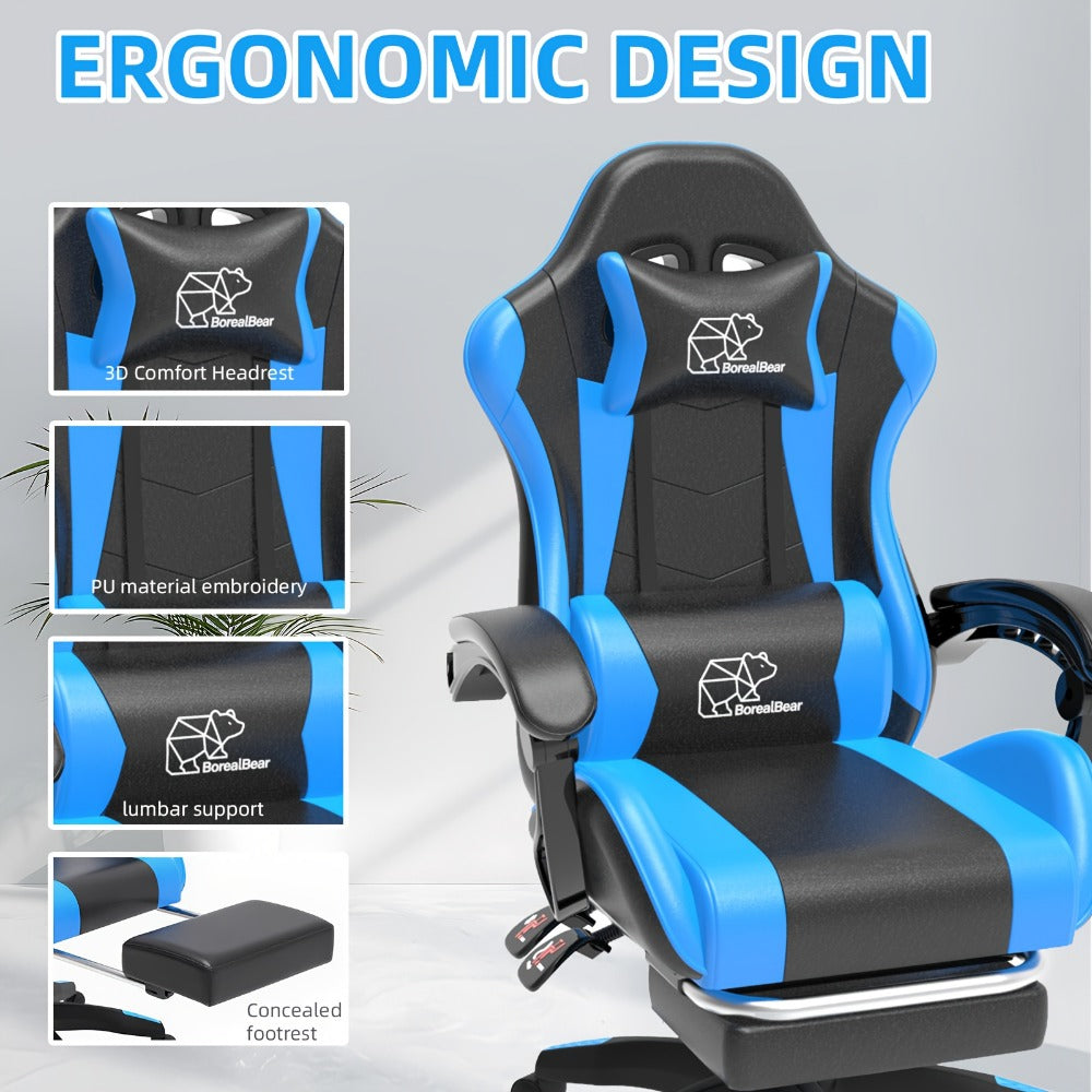 Ergonomic Gaming Chair with Lumbar Support & Optional Footrest – High Back Home Office Recliner for Adults & Teens, Fixed Armrests, Premium Padding, Black Blue, Black Orange, Black White