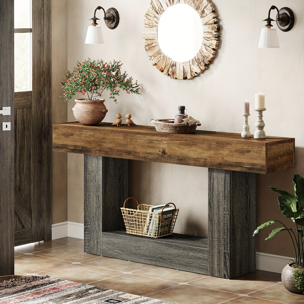 63 Inch Farmhouse Console Table with U-Shaped Base & 2-Tier Shelves, Rustic Brown & Grey Two-Tone Sofa Table for Living Room Hallway Foyer Entryway