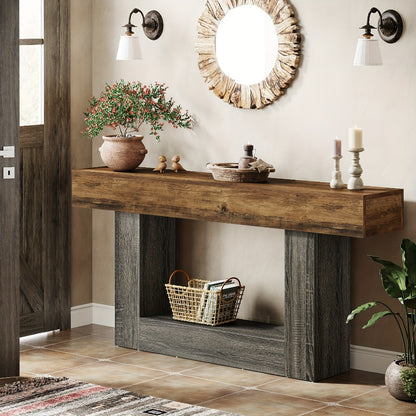 63 Inch Farmhouse Console Table with U-Shaped Base & 2-Tier Shelves, Rustic Brown & Grey Two-Tone Sofa Table for Living Room Hallway Foyer Entryway