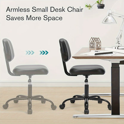 Small Desk Chair Armless, Comfortable Office Chair with Wheels, Rolling Task Chair with Low Back Lumbar Support, Vanity Chair for Bedroom Living Room Study Room, PU Leather