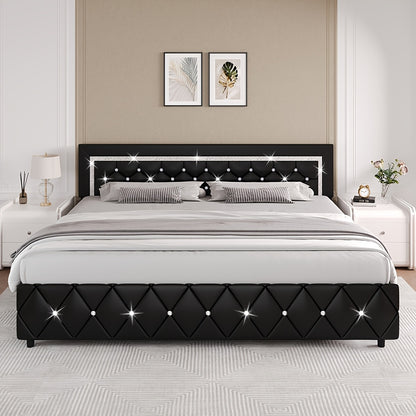 Upholstered Platform Bed Frame with Button-Tufted Diamond Headboard – Wooden Slats, No Box Spring Needed, Twin Full Queen King, Black White Pink Green Gray Beige