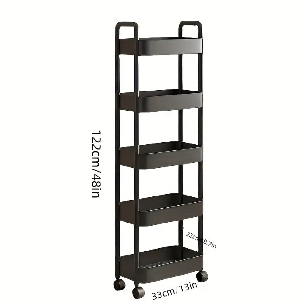 5-Tier Rolling Storage Cart with Wheels & Adjustable Shelves, Slim Plastic Organizer for Kitchen Bathroom Bedroom, Space-Saving Ultra-Thin Design, Multi-Use Mobile Shelf Unit