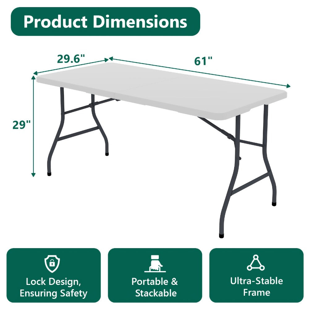 Folding Table with Metal Legs Sturdy Plastic Tabletop Easy Clean for Camping Outdoor Events Family Meals Indoor 2.5FT 4FT 5FT 6FT Black White Pink Khaki