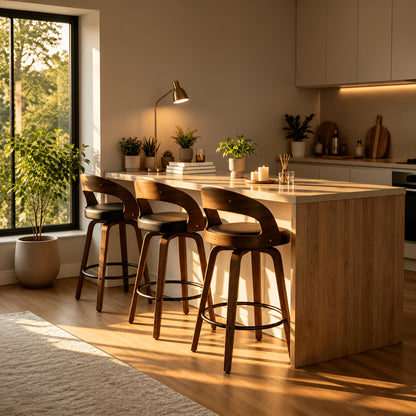 Modern 26" Counter Height Bar Stools Set Of 2, Ergonomic Faux Leather Swivel Chairs With Solid Wood Legs & Metal Footrest, Armless Design For Kitchen & Home Bar