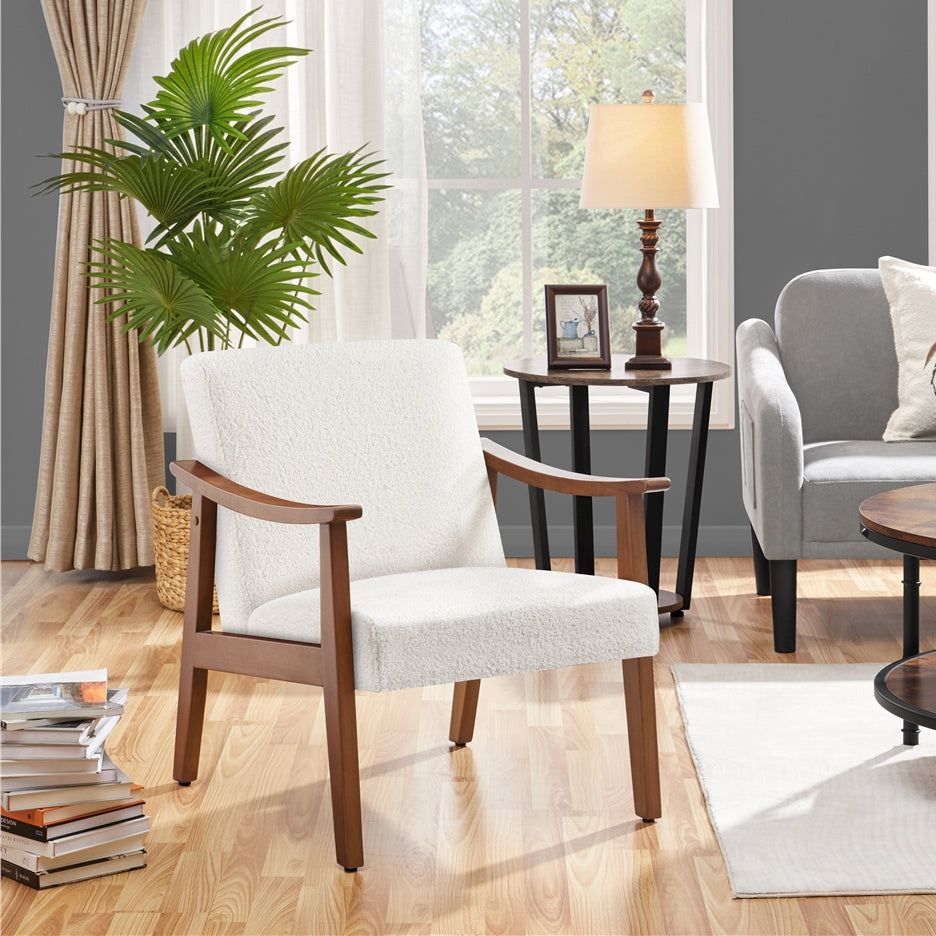 Costoffs Modern Armchair with Solid Wood Legs, Upholstered Accent Chair for Bedroom/Living Room/Guestroom, Available in Faux Leather or Boucle Fabric